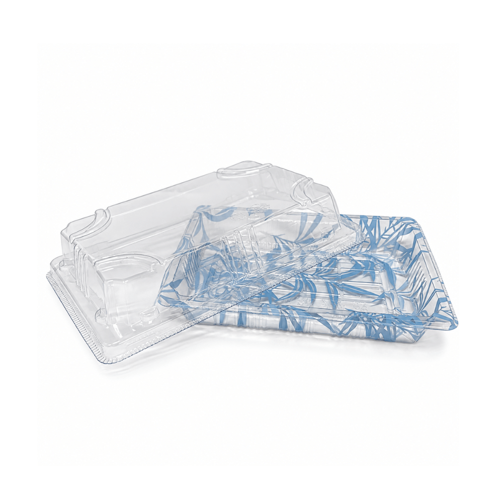 FS-1103 Blue Maple PET Sushi Tray W/ Clear Lid | 6.5x4.53x1.89" - open