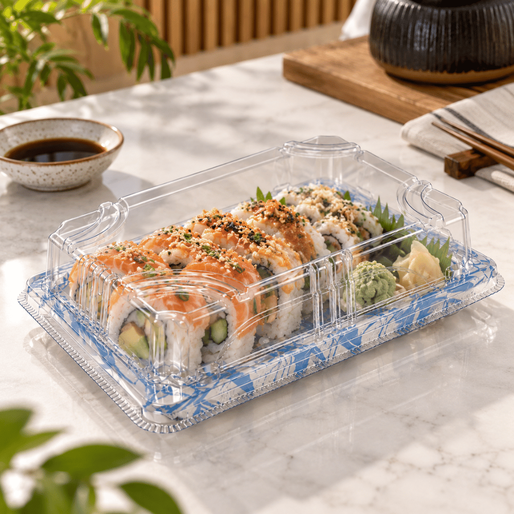 FS-1103 Blue Maple PET Sushi Tray W/ Clear Lid | 6.5x4.53x1.89" - with sushi