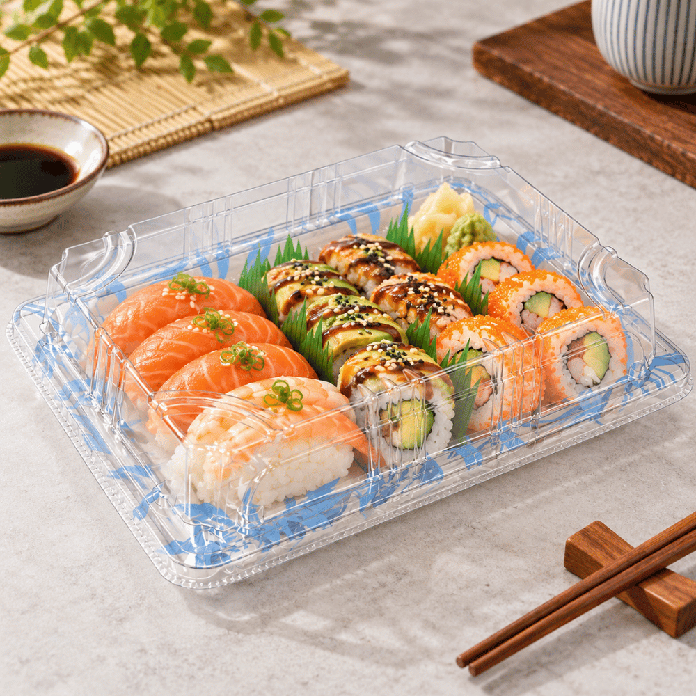 FS-1105 Blue Maple PET Sushi Tray W/ Clear Lid | 7.28x5.12x1.77" - with sushi