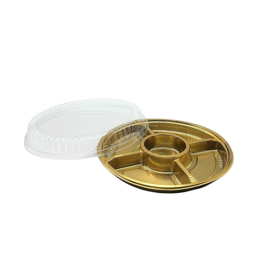 FS-2119 | 12" PET Golden Round Container W/ Clear Lid | 5 Compartment-open