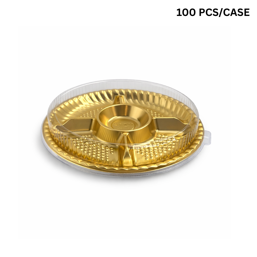 FS-9505 | 9.5" Golden Round Container W/ Clear Lid | 5 Compartment
