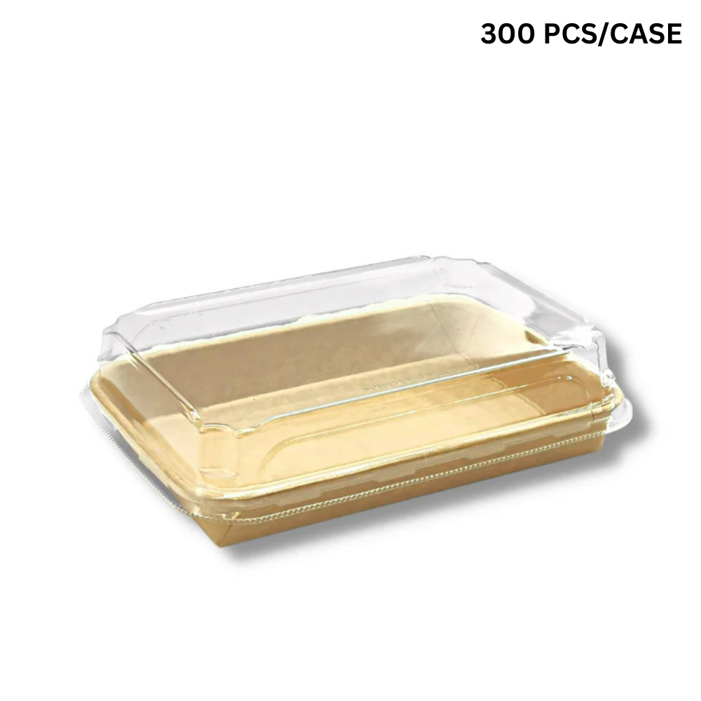 HD-1105 | Plateau à sushi en papier kraft de 15 oz avec couvercle en PET | 7,28 x 5,12 x 1,89 po - 300 ensembles