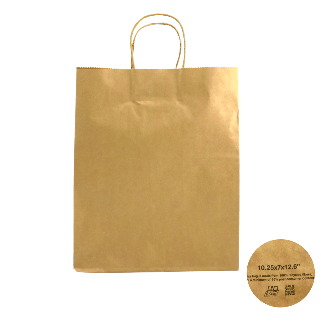 JH-10712 | Sac kraft en papier 100 % recyclé avec poignée torsadée | 10,25x7x12,6" - 200 pièces