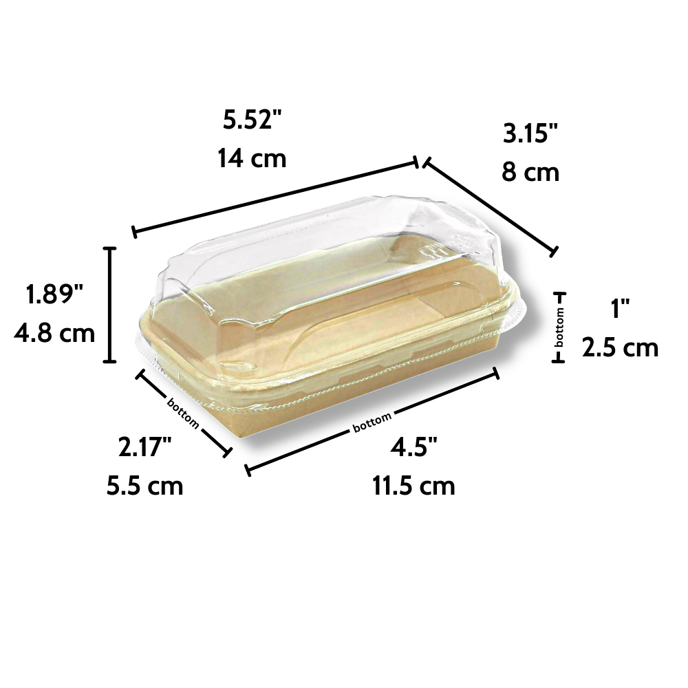 HD-1100 | Eco-friendly Kraft Paper Sushi Tray W/ Plastic Lid | 5.52x3.15x1.89" - size