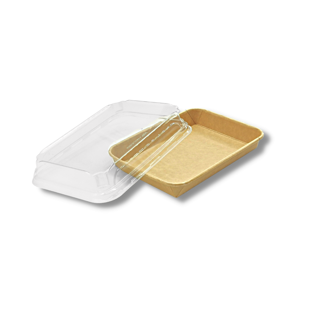 HD-1105 | Plateau à sushi en papier kraft écologique avec couvercle en plastique | 7,28x5,12x1,89" - 300 ensembles