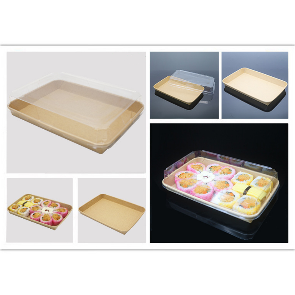 HD-1109 | Eco-friendly Kraft Paper Sushi Tray W/ Plastic Lid | 9.45x5.91x1.89" - With Food