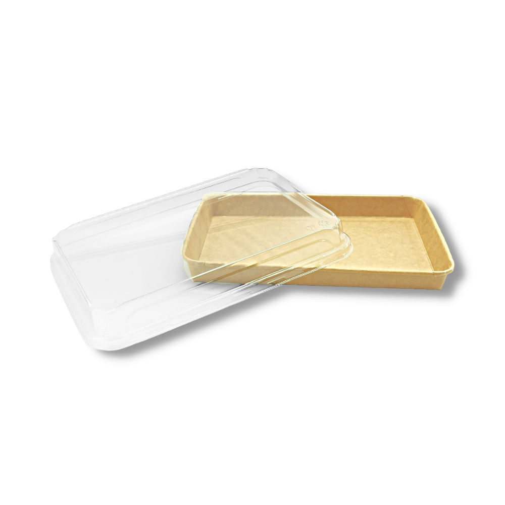 HD-1111 | Plateau à sushi en papier kraft de 31 oz avec couvercle en PET | 10,24 x 7,09 x 1,89 po - 200 ensembles
