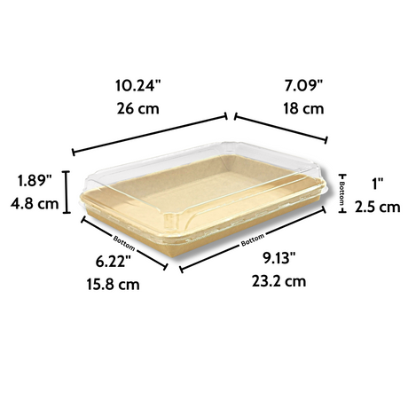 HD-1111 | Eco-friendly Kraft Paper Sushi Tray W/ Plastic Lid | 10.24x7.09x1.89" - size