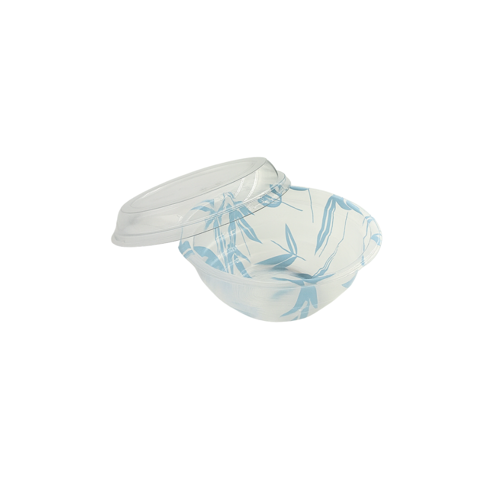 HD-550ML | 18oz PP Blue Maple Donburi Bowl W/ PET Anti-Fog Clear Lid - open