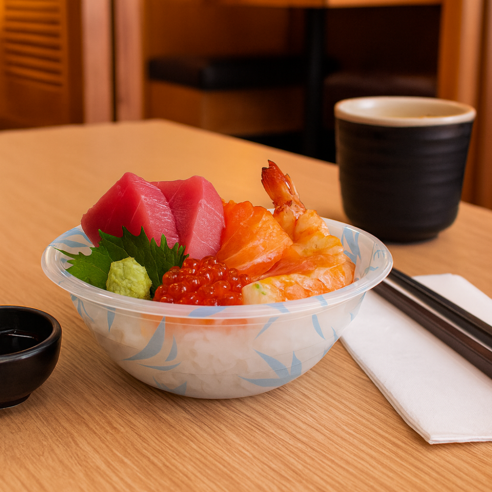 HD-550ML | 18oz PP Blue Maple Donburi Bowl W/ PET Anti-Fog Clear Lid - with donburi