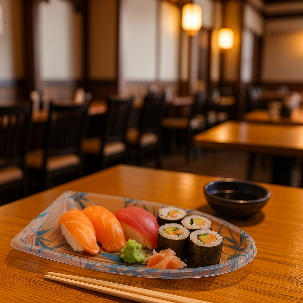 HD-7101 | B-16 PET Blue Maple Pattern Boat Sushi Tray W/ Lid | 10.4x5.5x1.97"-with sushi