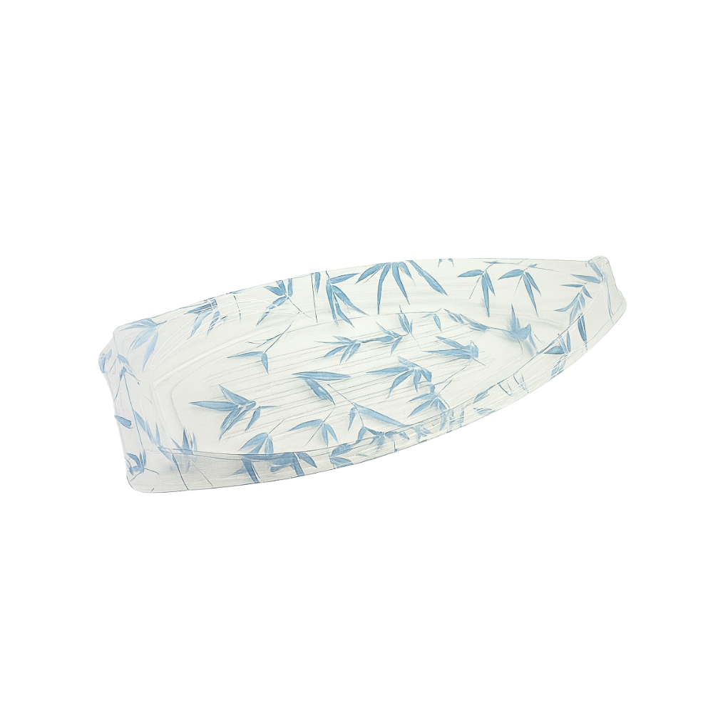 HD-7103 | B-18 PET Blue Maple Pattern Boat Sushi Tray W/ Lid | 18.3x9.25x3"-base