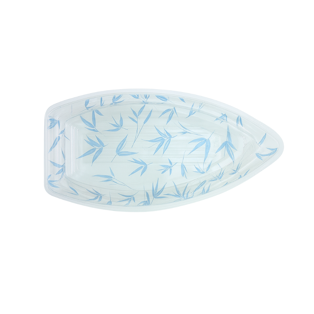 HD-7103 | B-18 PET Blue Maple Pattern Boat Sushi Tray W/ Lid | 18.3x9.25x3"-bottom