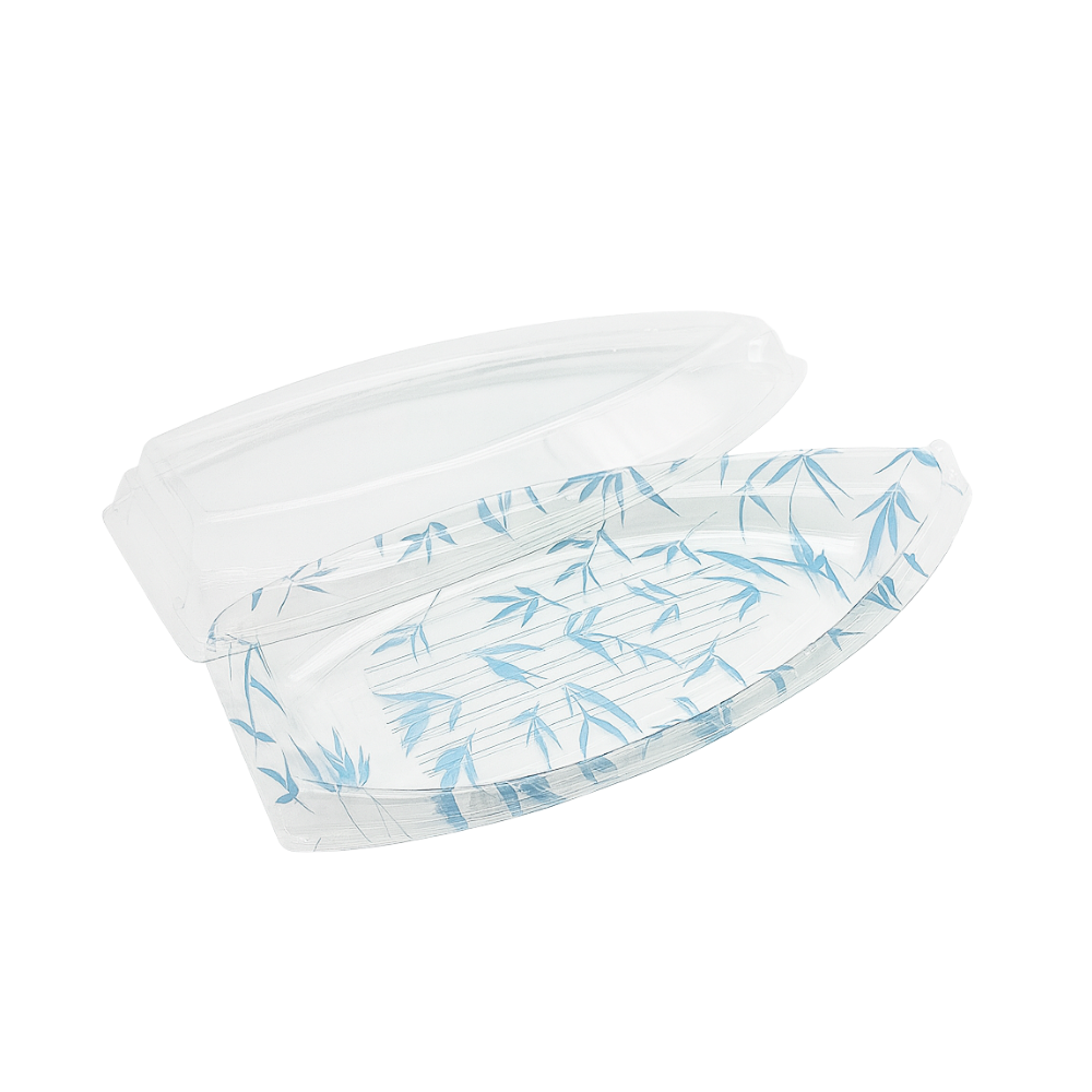 HD-7103 | B-18 PET Blue Maple Pattern Boat Sushi Tray W/ Lid | 18.3x9.25x3"-open