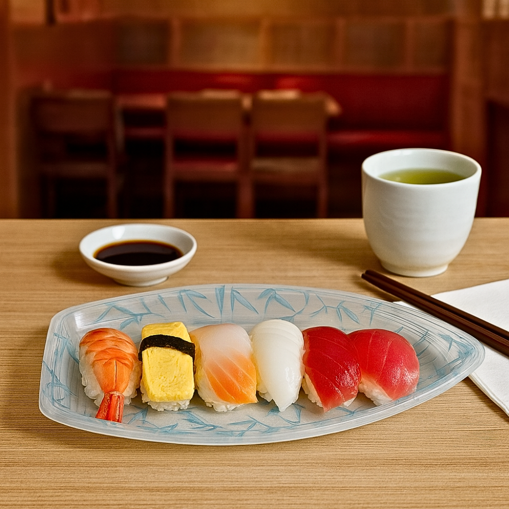 HD-7103 | B-18 PET Blue Maple Pattern Boat Sushi Tray W/ Lid | 18.3x9.25x3"-with sushi