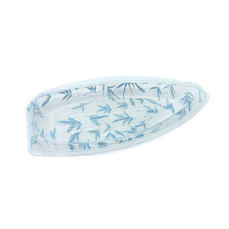 HD-7103 | B-18 PET Blue Maple Pattern Boat Sushi Tray W/ Lid | 18.3x9.25x3"