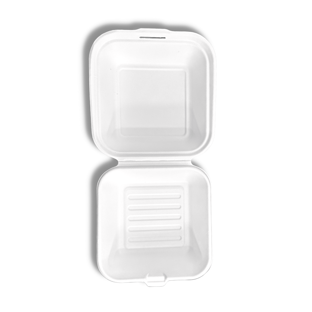 HD-B003 Sugarcane Clamshell Food Container | 6x6x3" - open