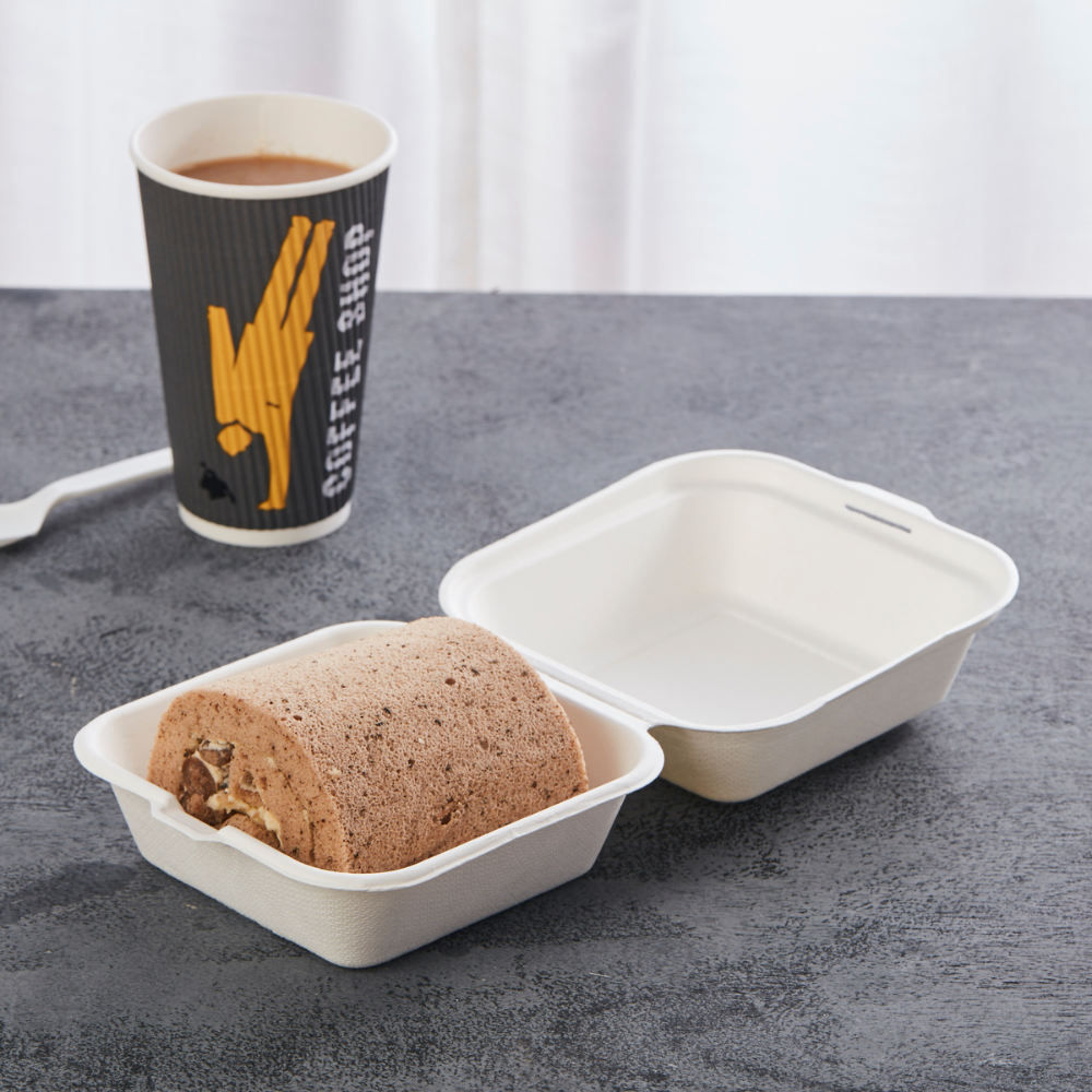 HD-B003 Sugarcane Clamshell Food Container | 6x6x3" -with roll cake open