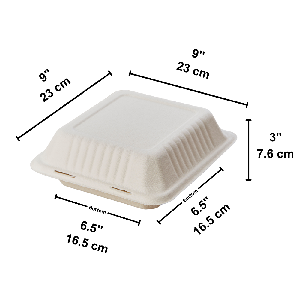 HD-B037 | Sugarcane Clamshell Food Container | 9x9x3" - size - HD BIoPak