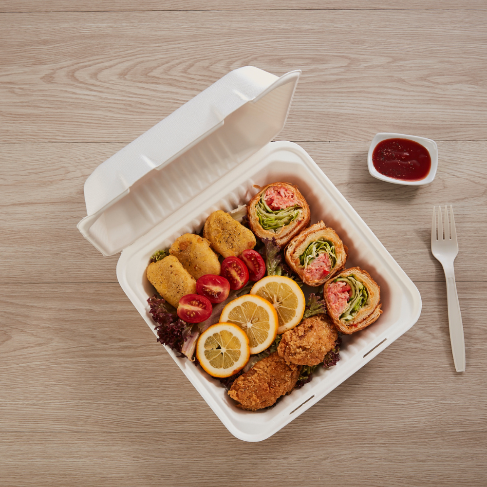 HD-B037 | Sugarcane Clamshell Food Container | 9x9x3" - with food - HD BIoPak