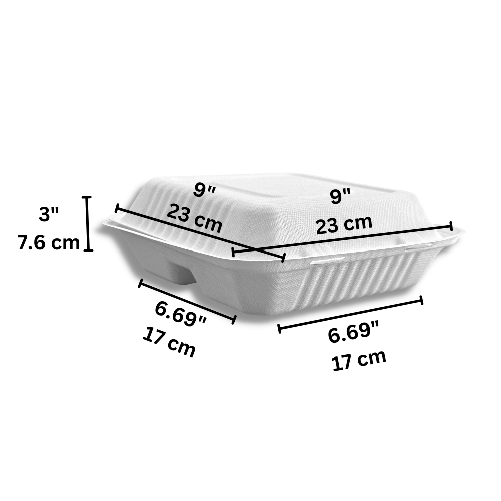 HD-CCS9-3  42oz Eco-friendly Sugarcane Square Clam Shell Food Container  9x9x3  3 Compartment - size