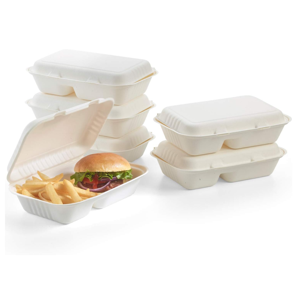 HD-CCS96-2 | 32oz Eco-friendly Sugarcane Rectangular Clamshell Food Container | 9x6x2.6" | 2 Compartment - With Food