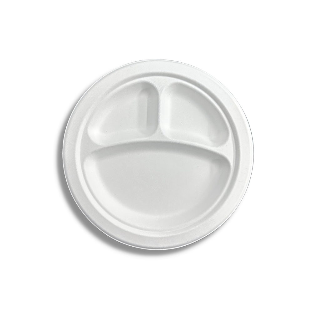 HD-CRP09-3 | 8.9" Sugarcane White Round Plate | 3 Compartment - 500 Pcs