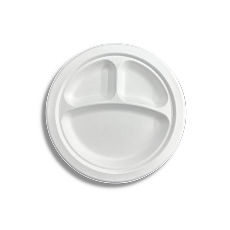 HD-CRP09-3 | 8.9" Sugarcane White Round Plate | 3 Compartment - 500 Pcs