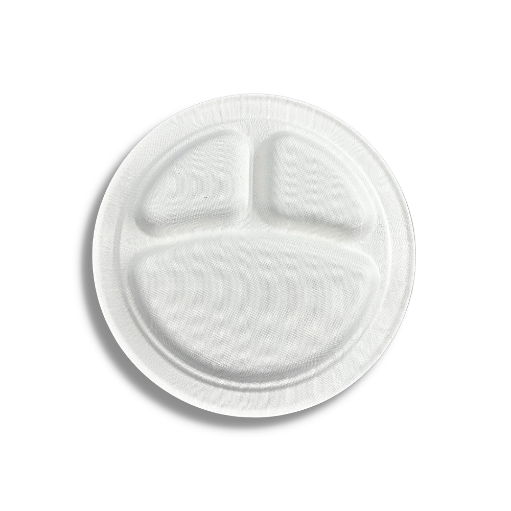 HD-CRP09-3 | 8.9" Sugarcane White Round Plate | 3 Compartment - Back