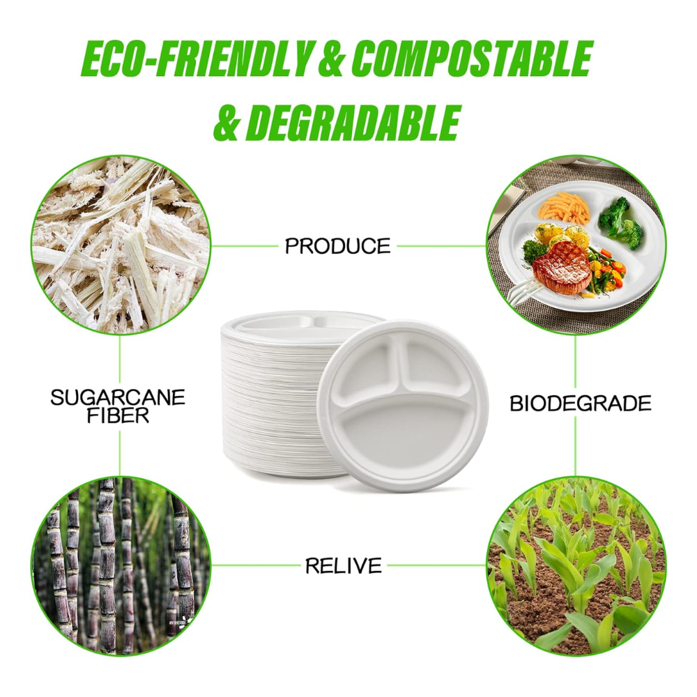 HD-CRP09-3 | 8.9" Sugarcane White Round Plate | 3 Compartment - Feature