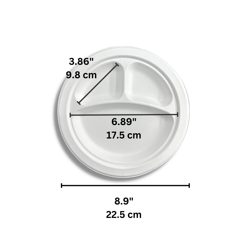 HD-CRP09-3 | 8.9" Sugarcane White Round Plate | 3 Compartment - size