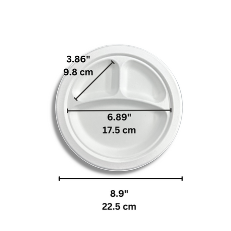 HD-CRP09-3 | 8.9" Sugarcane White Round Plate | 3 Compartment - size