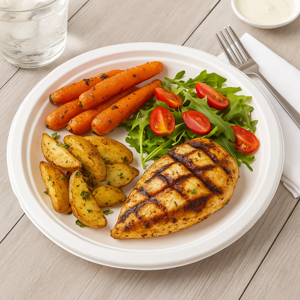 HD-P005_10_Compostable_Sugarcane_White_Round_Plate with food