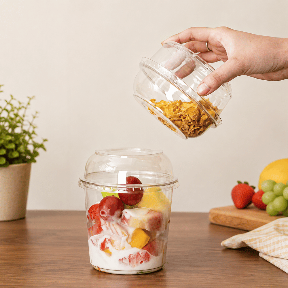 HD 117mm PET Clear Dome Lid | Fit HD 8/12/16/24/32oz Round Salad Container-with container