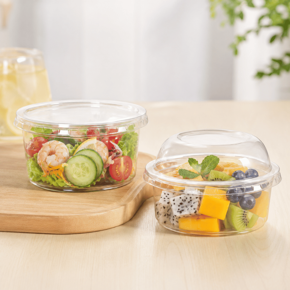 HD 12oz PET Clear Round Salad Container Dessert Cup | 117mm Top - with lids and food