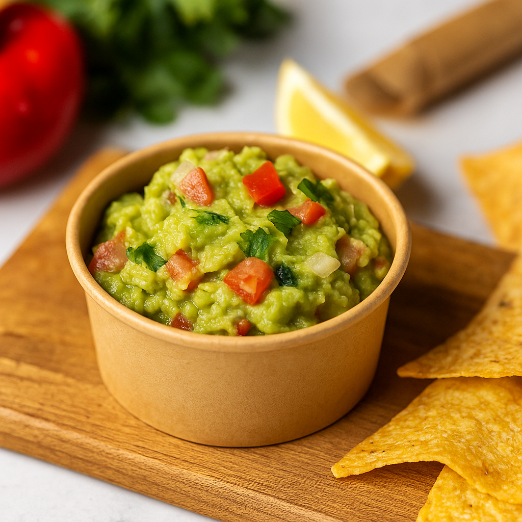 HD 2oz Kraft Paper Sauce Cup Portion Cup | 62mm Top (Base Only) with guacamole sauce