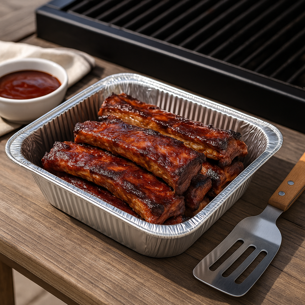 HD Half Size Steam Table Deep Rectangular Aluminum Foil Container next to a grill