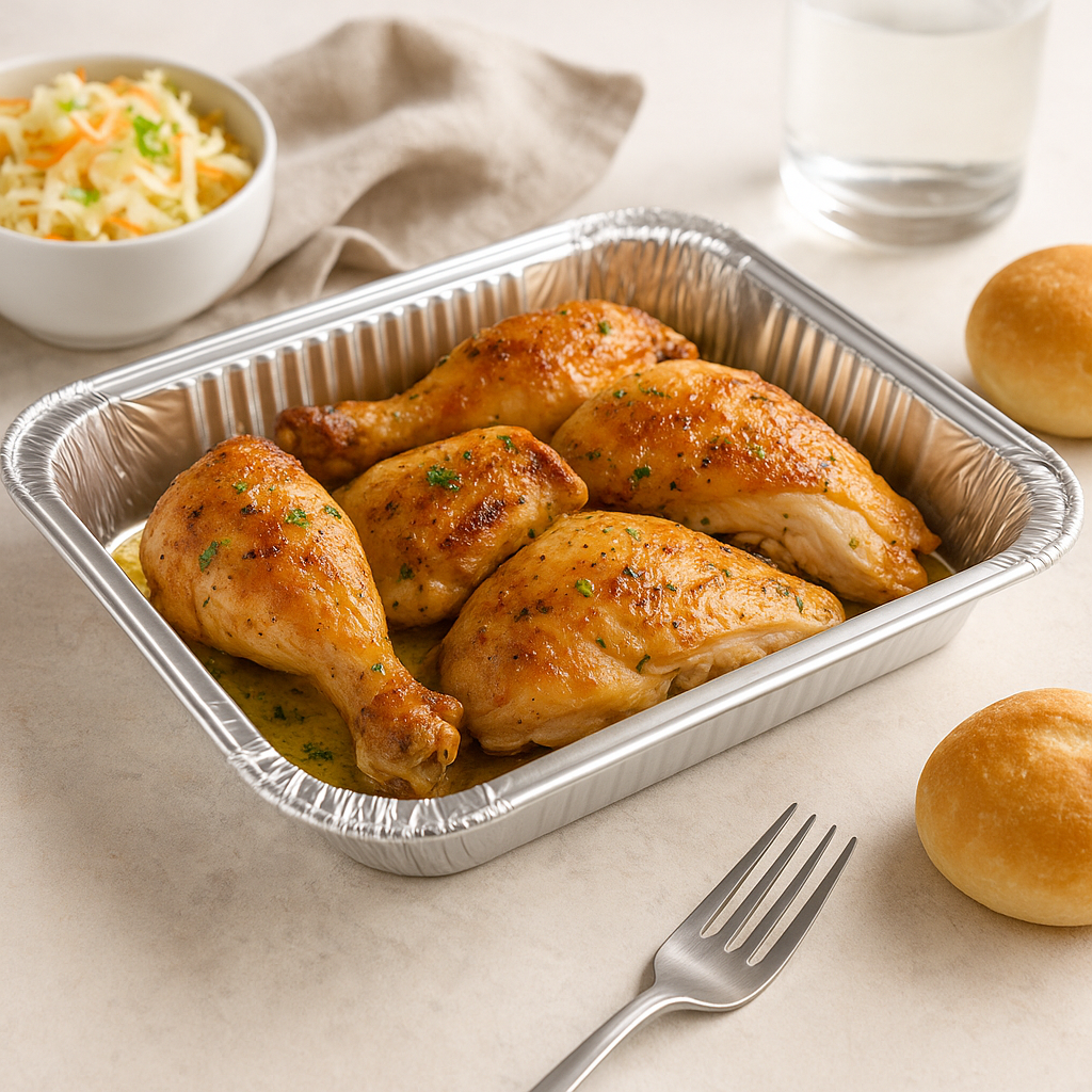 HD Half Size Steam Table Shallow Rectangular Aluminum Foil Container (Base Only) with roasted chicken
