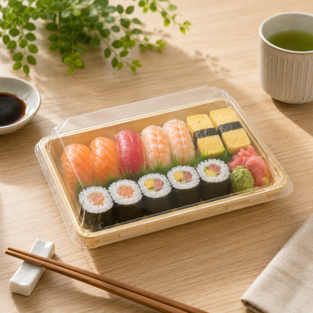 Assorted sushi in a clear container on a wooden table with a cup of green tea and soy sauce.