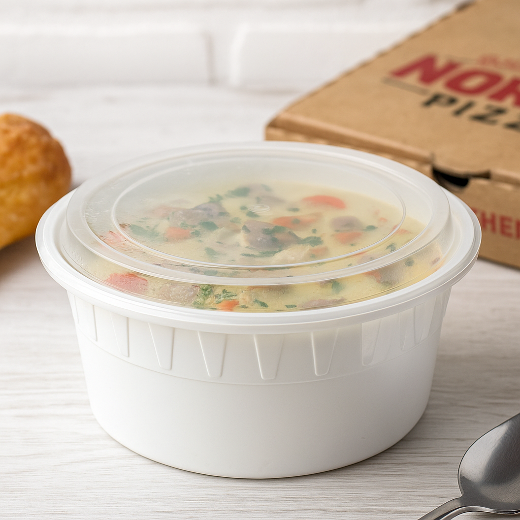 JY-92 | 120oz Microwaveable PP White Round Bowl W/ Clear Lid with soup