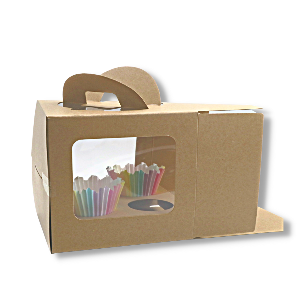 Kraft Paper 4 Cupcake Box W/ Handle & Window & Insert | 6.5x6.5x6" window side