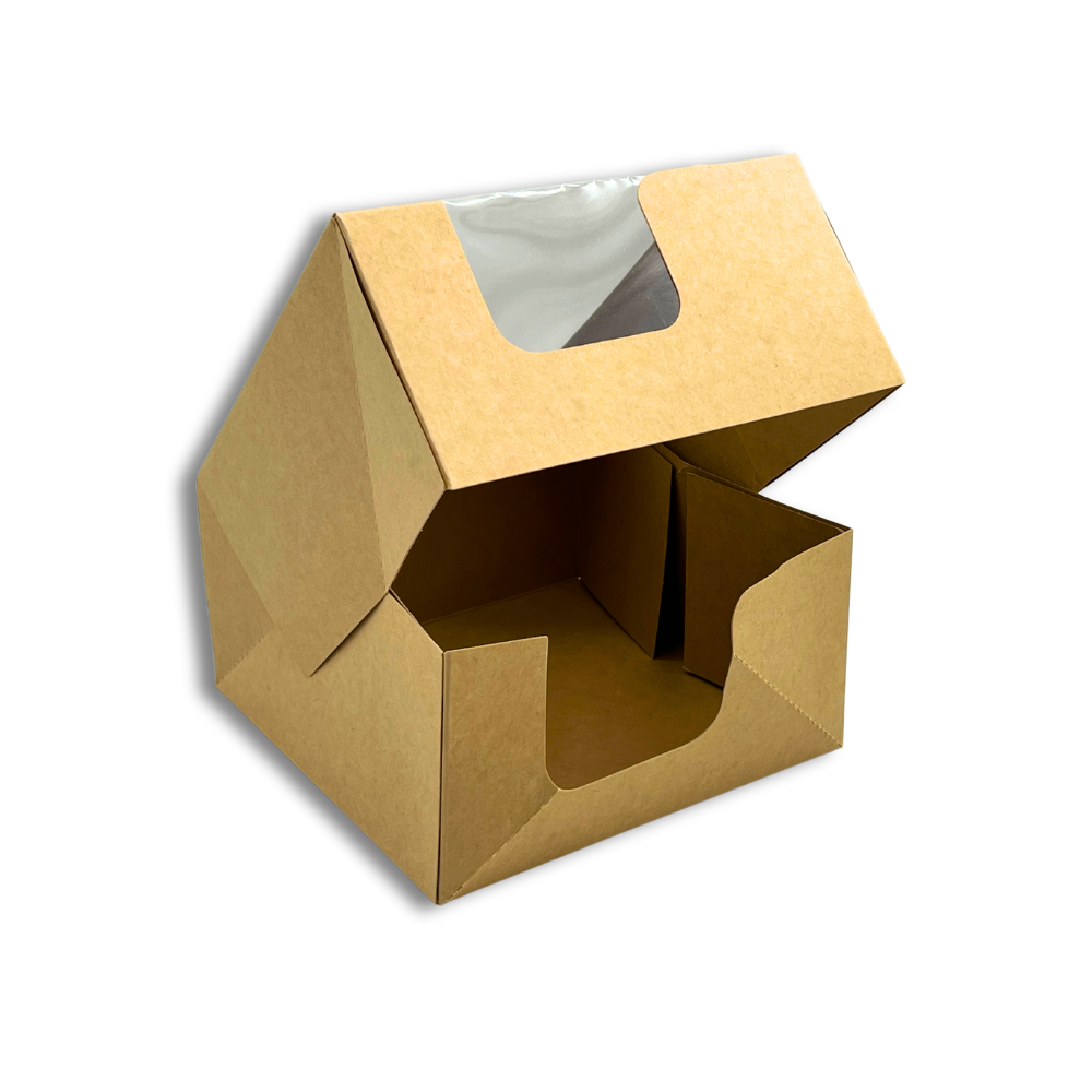Kraft Square Cake Paper Box Pastry Box W/ Window | 6.75x6.75x3.5" - open