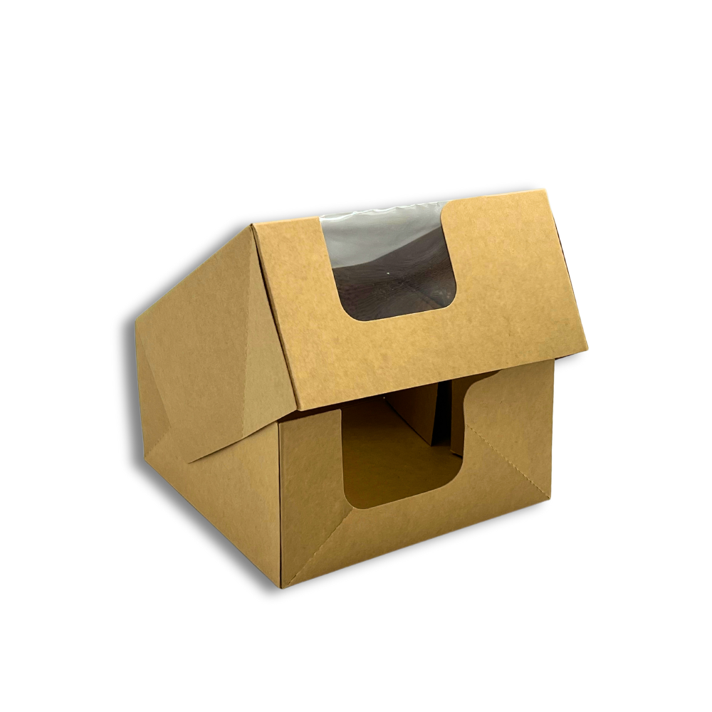 Kraft Square Cake Paper Box Pastry Box W/ Window | 6.75x6.75x3.5" - open slightly