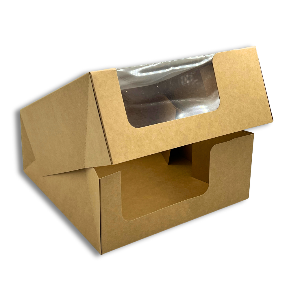 Kraft Square Cake Paper Box Pastry Box W/ Window | 9x9x3.75" - open