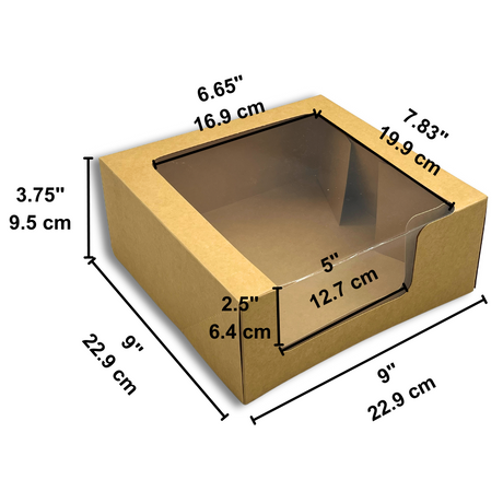 Kraft Square Cake Paper Box Pastry Box W/ Window | 9x9x3.75" - size