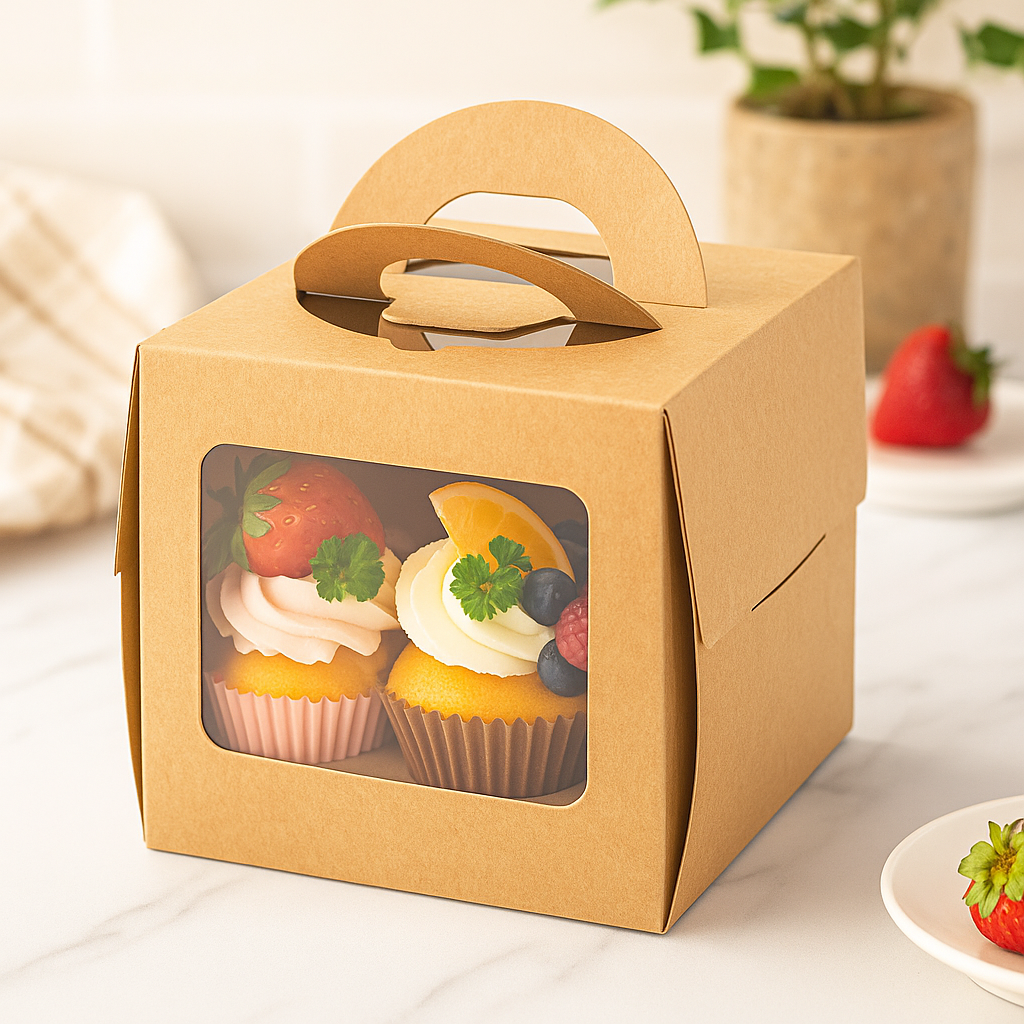 Kraft Paper 4-Cupcake Box W/ Handle & Window & Insert | 6.5x6.5x6"