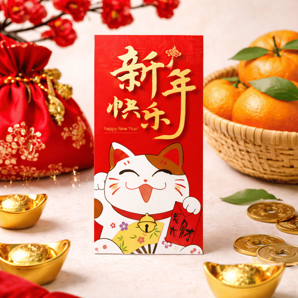 Lucky Cat Chinese New Year Sticker | 5.31 × 2.36" - WITH BACKGROUND