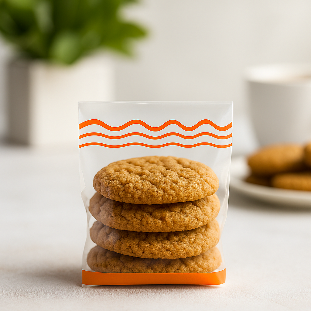OPP Orange Stand Up Bakery Bag Cello Treat Bag | 8.27x3.3x9.53" with cookies