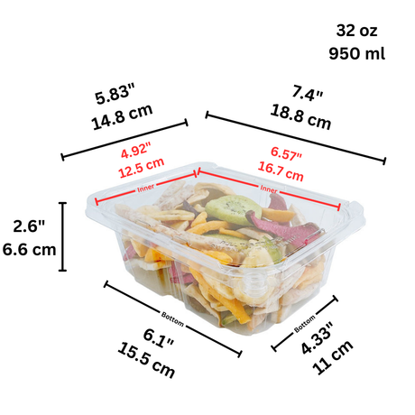 PLS-32 | 32oz PET Clear Rectangular Hinged Safety Lock Salad Container-size