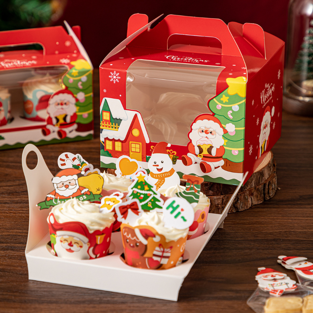 Christmas Window Cupcake Boxes W/ Handle | Fit 4/6 Cupcakes (10 Pcs/Pack)